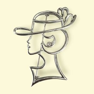Vintage 80s fashion side profile lady silver tone brooch